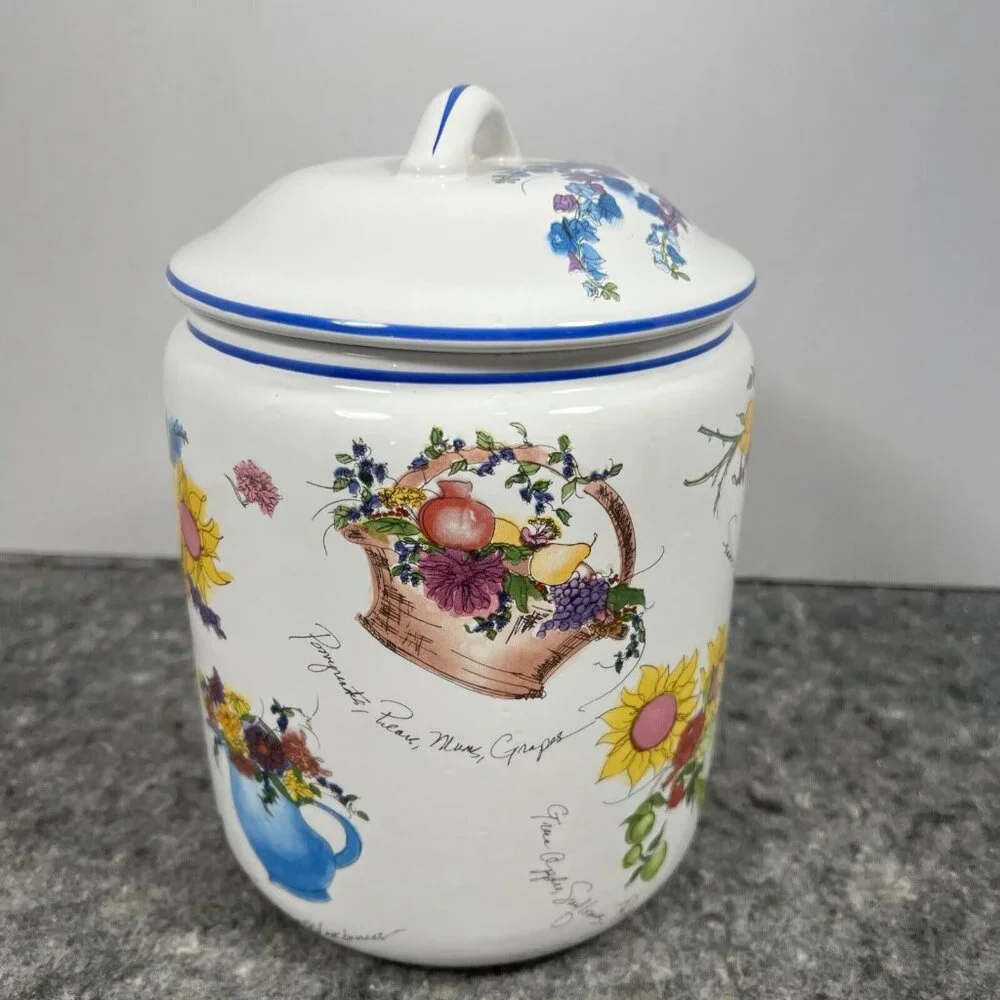 VTG William Sonoma FLORAL Canister Cookie Jar Gasket Seal Botanical Portugal 8" - Picture 4 of 15